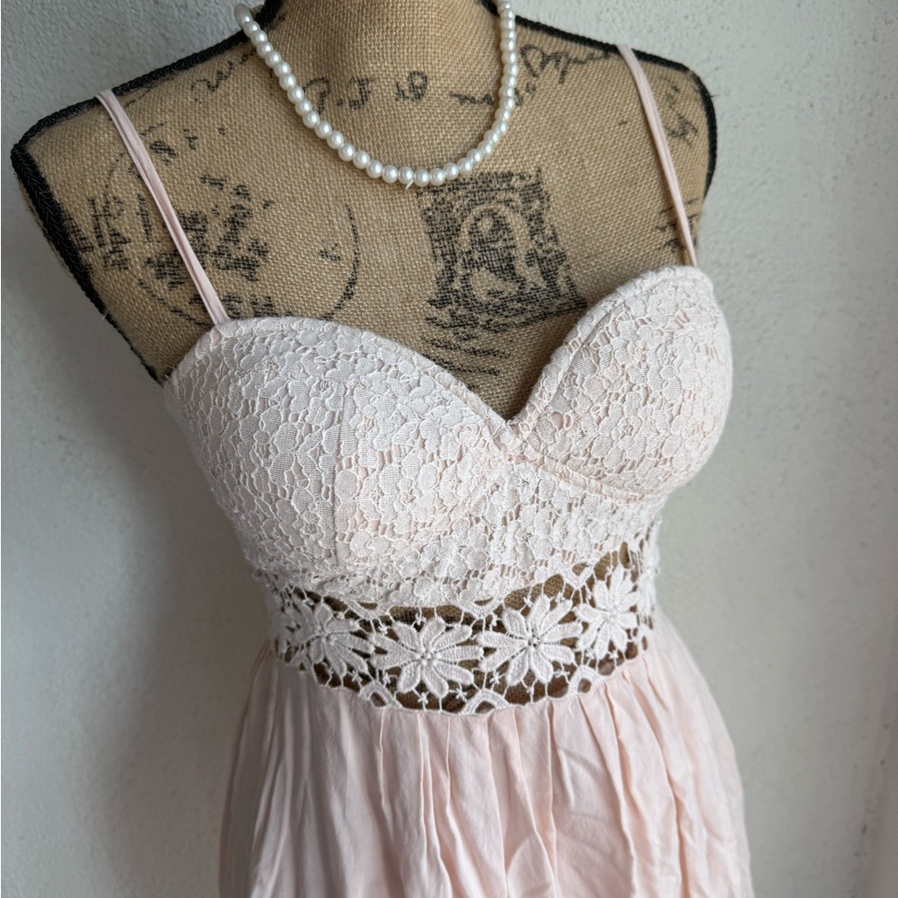L'ATISTE Blush Lace Pink lace babydoll asymmetrical dress with adjustable straps